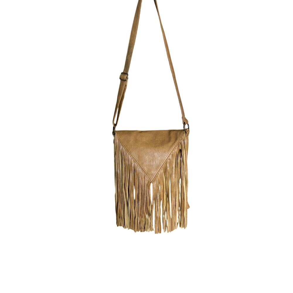 Boho Fringe Crossbody Bag Tan Faux Leather Festival Southwestern Purse Flawed‎